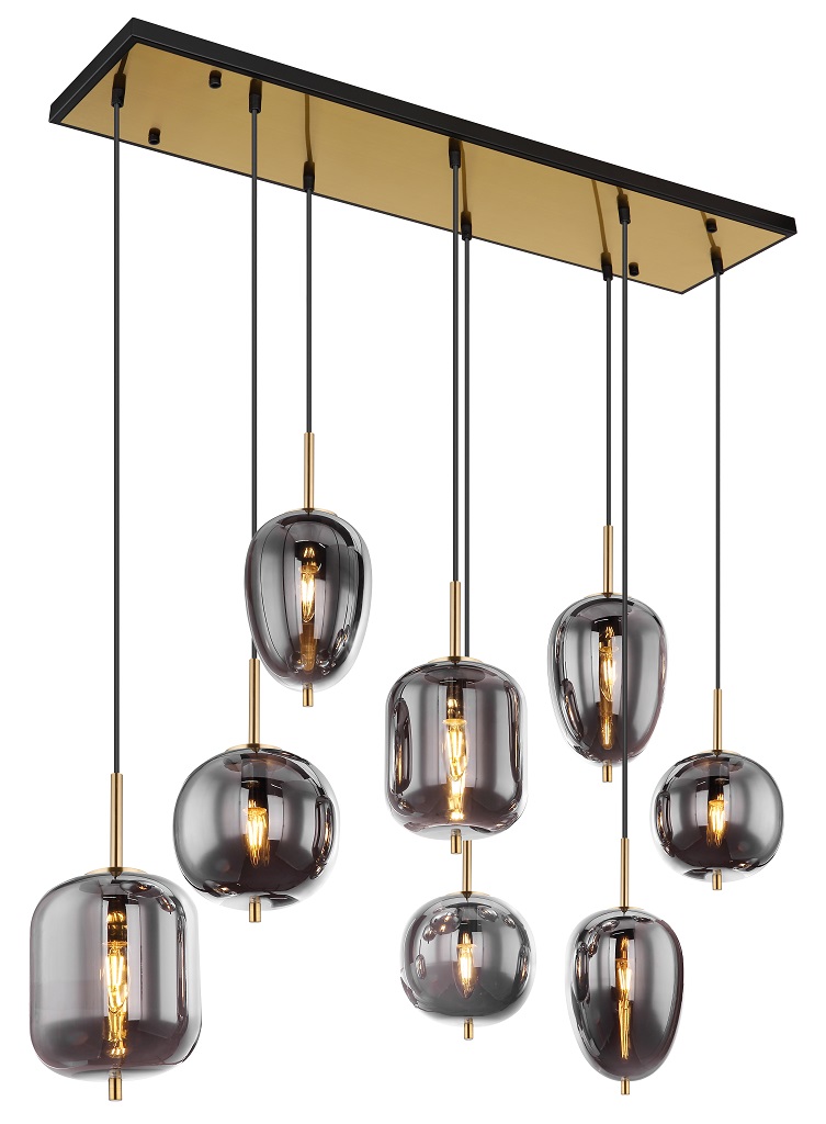 Pendelleuchte, Messing matt, Rauchglas, 8 x E14 Fassung