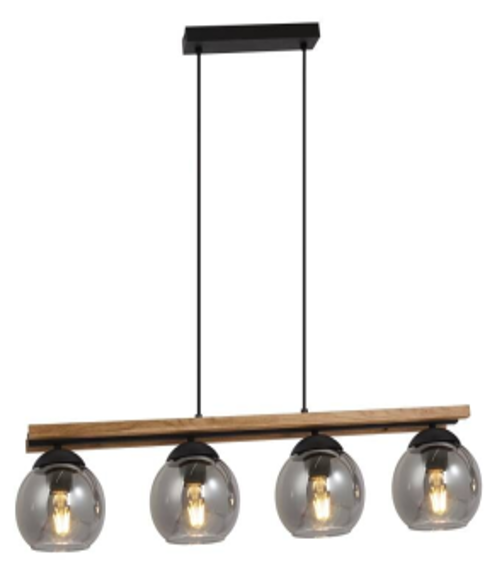 Pendelleuchte, Rauchglas, Schwarz, Holzfarben, E27, ZT1