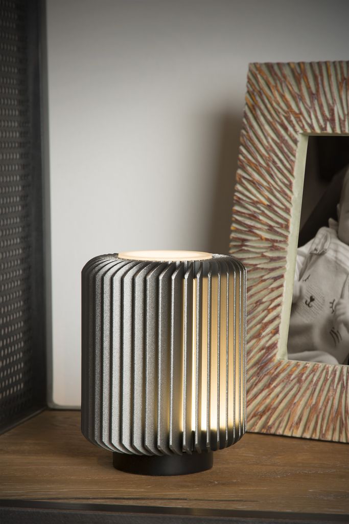 Runde, dunkelgraue Tischleuchte